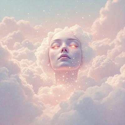 The primary subject of the image is a woman with white hair, who is surrounded by clouds. She appears to be floating in the clouds, with a serene and peaceful expression. The setting is a cloudy sky, which serves as the backdrop for the woman's image. The visual style of the image is digital art, as it is a detailed and intricate illustration of the woman in the clouds. The colors in the image are predominantly white and soft pastels, creating a calm and tranquil atmosphere.